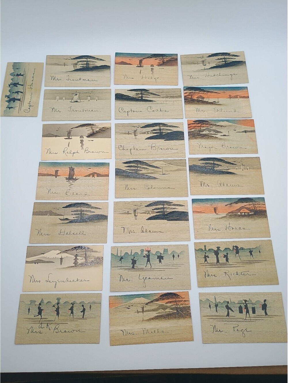 Set of 22 Vintage Japanese Wood Veneer Calling Cards with Names
